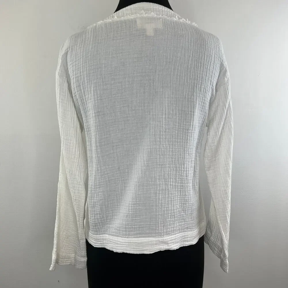 Cloth & Stone White Cotton Gauze Lace Up Neck Long Sleeve Top Blouse X-Small XS